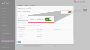 On the Requirements detail modal, the 'Visible to students' toggle is highlighted.